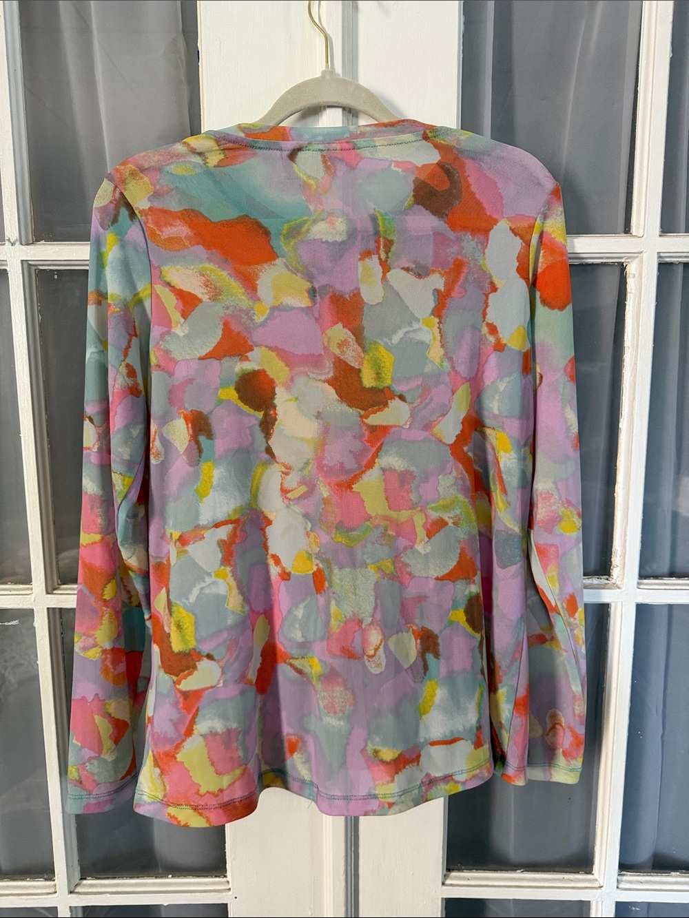 LOGO by Lori Goldstein Multicolor Abstract Button Front Sheer Mesh Blouse - Picture 5 of 5